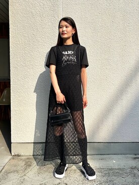 「LOVELESS（ラブレス）のクロシェレースタンクワンピース（ワンピース、ブラック系）」を使った、ももさん（レディース・160cm）の夏コーディネート