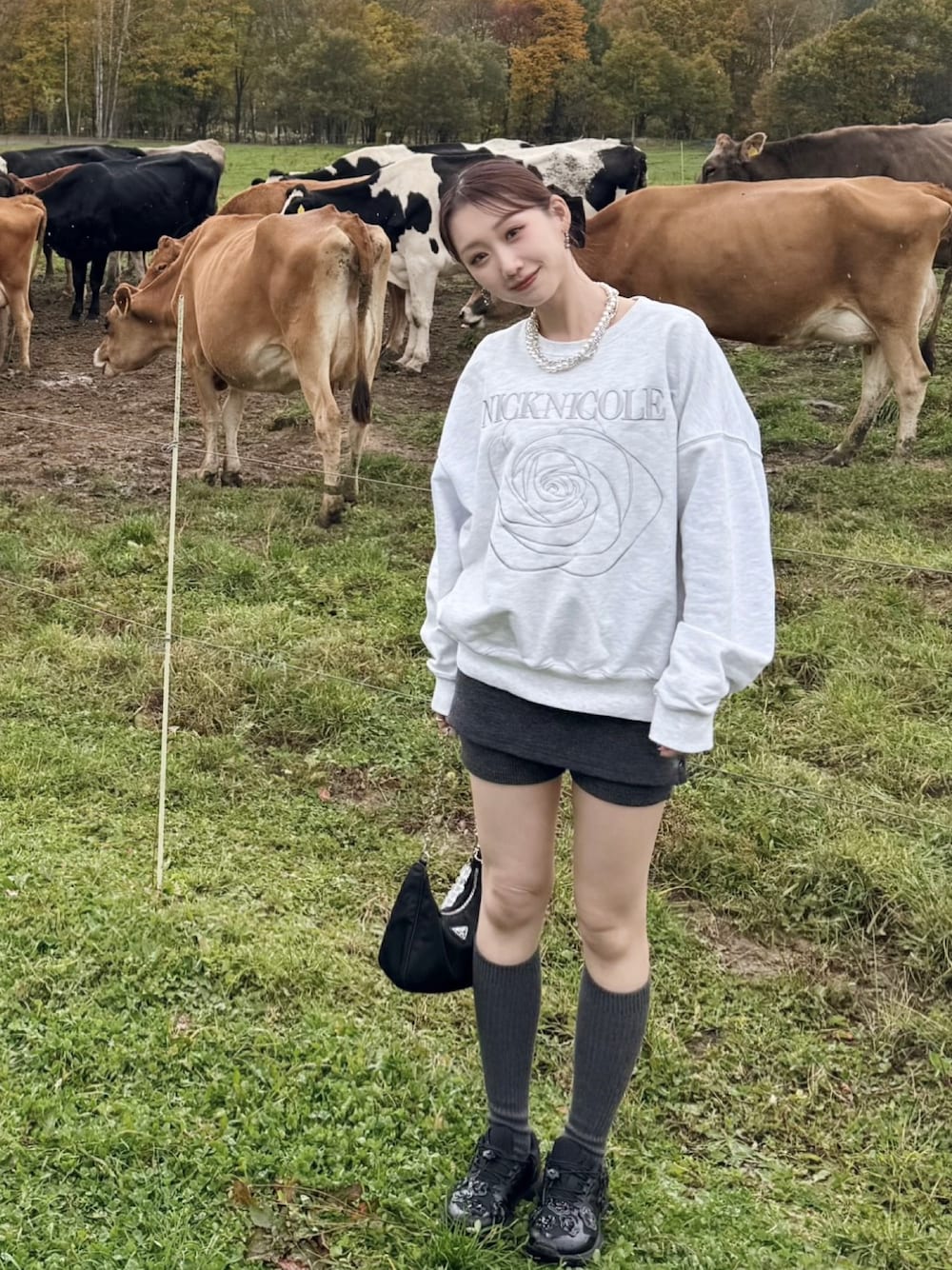 グレー系のスウェット、グレー系のその他パンツ、ブラック系のスニーカーを着用したレディースの秋コーディネートの1枚目の写真