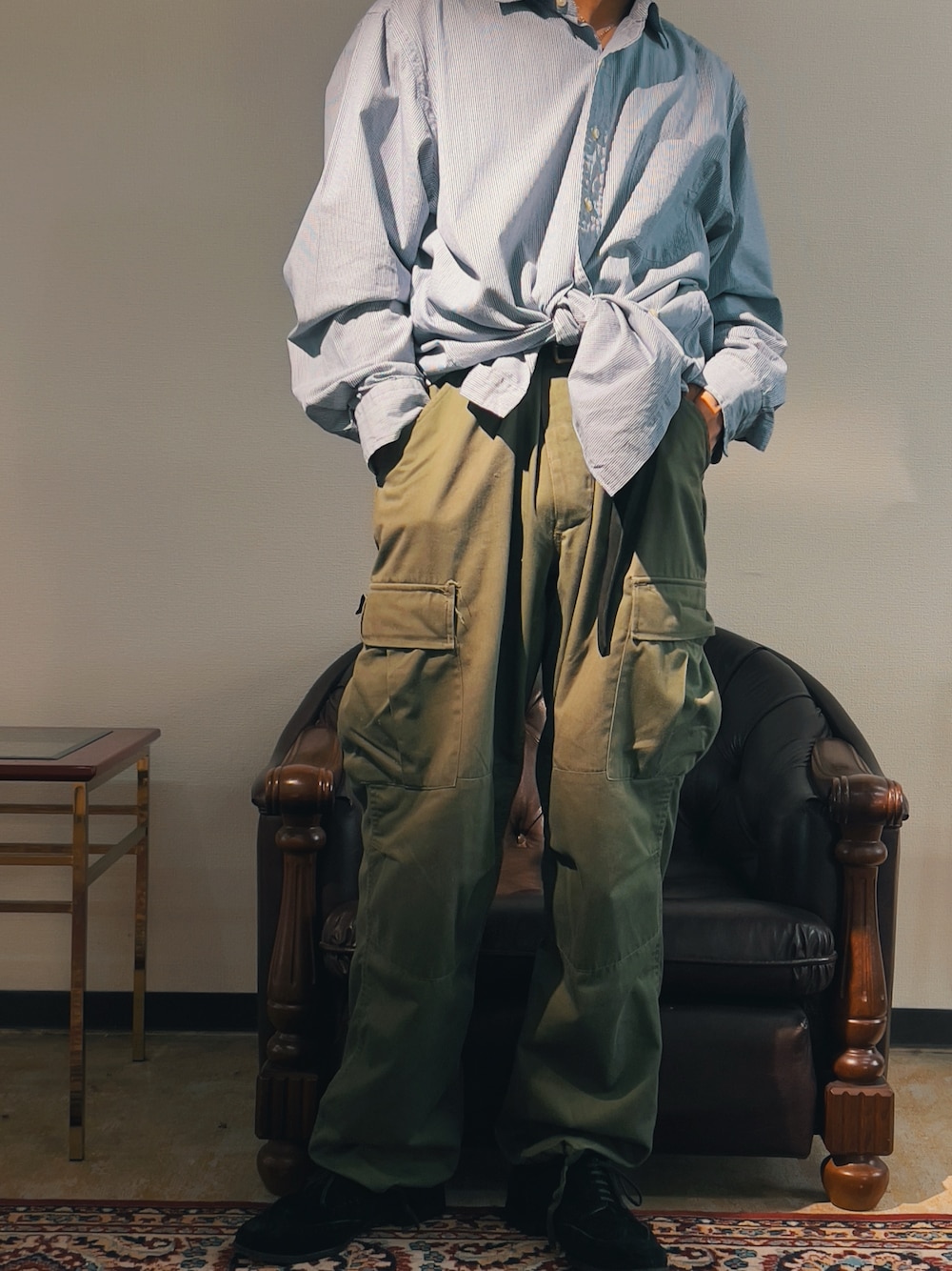 「カーゴパンツ、Ralph Lauren、Polo Ralph Lauren、古着MIX、古着、ミリタリー、military、相互フォロー」｜「POLO RALPH LAURENのアイテム（シャツ/ブラウス、ホワイト系）」を使った、-age.-さん（メンズ・166cm）の夏コーディネートの1枚目の写真