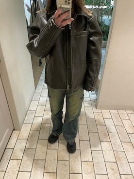 「SLY（スライ）のMICHIXSLY F/LEATHER JKミチスライ フェイクレザー ジャケット（テーラードジャケット）」を使った、meguuuさん（レディース・156cm）の冬コーディネート