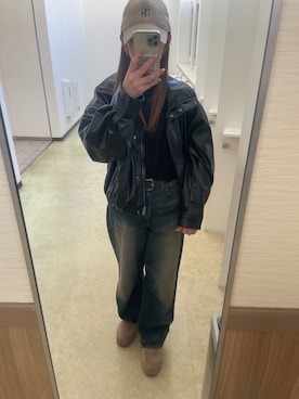 「アイテム（ライダースジャケット）」を使った、meguuuさん（レディース・156cm）の冬コーディネート