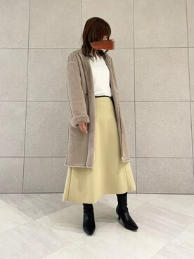 「白ニット」｜「アイテム（ノーカラーコート）」を使った、miho.kさん（レディース・158cm）の冬コーディネート