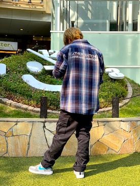 「AVIREX（アヴィレックス）のチェックシャツ ハリケーン ハンター/L/S CHECK SHIRT HURRICANE HUNTER/アヴィレックス/AVIREX（シャツ/ブラウス、ブルー系）」を使った、AOIさん（メンズ・173cm）の秋コーディネート