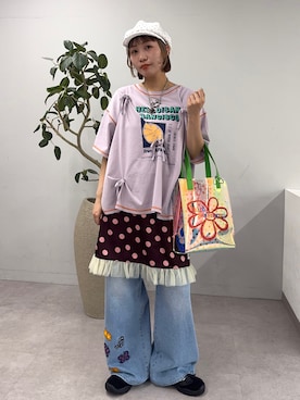 「HELLO.SANFRANCISCO（ハローサンフランシスコ）の【HELLO.SANFRANCISCO/ハローサンフランシスコ】タックリボンプリント半袖TEE（Tシャツ/カットソー、パープル系）」を使った、みゆさん（レディース・164cm）の春コーディネート