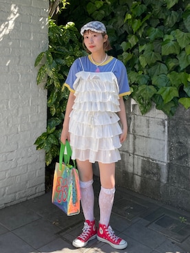 「HELLO.SANFRANCISCO（ハローサンフランシスコ）の【HELLO.SANFRANCISCO/ハローサンフランシスコ】ラメドットフリルショーツ（その他パンツ、ホワイト系）」を使った、みゆさん（レディース・164cm）の夏コーディネート