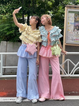 「HELLO.SANFRANCISCO（ハローサンフランシスコ）の【HELLO.SANFRANCISCO/ハローサンフランシスコ】スタースタッズショルダーバッグ（トートバッグ、グリーン系）」を使った、みゆさん（レディース・164cm）の夏コーディネート