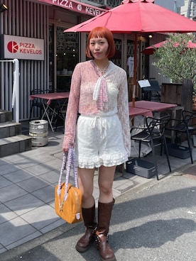 「HELLO.SANFRANCISCO（ハローサンフランシスコ）の【HELLO.SANFRANCISCO/ハローサンフランシスコ】レース切替ボウタイTEE（Tシャツ/カットソー、ピンク系）」を使った、みゆさん（レディース・164cm）の夏コーディネート