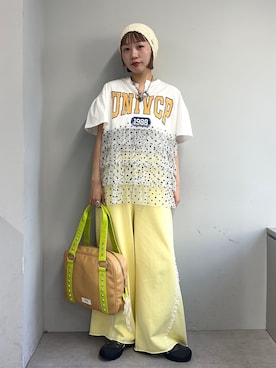 「HELLO.SANFRANCISCO（ハローサンフランシスコ）の【HELLO.SANFRANCISCO/ハローサンフランシスコ】レースウエストスウェットパンツ（その他パンツ、イエロー系）」を使った、みゆさん（レディース・164cm）の春コーディネート