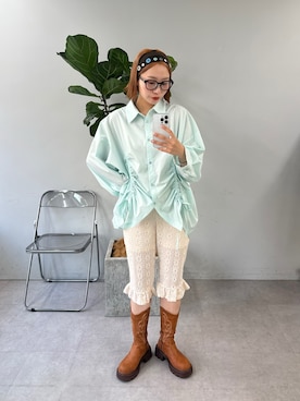 「CIAOPANIC（チャオパニック）のアソート柄シャーリングBIGシャツ（シャツ/ブラウス、ブルー系）」を使った、みゆさん（レディース・164cm）の夏コーディネート