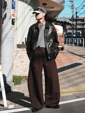 「アイテム（ライダースジャケット）」を使った、KOU SUEMATSUさん（メンズ・172cm）の冬コーディネート