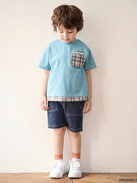 「petit main（プティマイン）のアイテム（トップス）」を使った、petit　main・b-roomさん（キッズ・102cm）の夏コーディネート