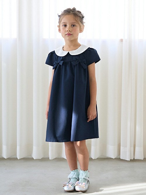 【Ruru購入ページ】めいちゃんワンピース80cm/帽子リボン/ヘアピン オケージョン対応】丸衿リボン付きワンピース(100cm ベージュ