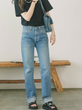 「GILDAN（ギルダン）のアイテム（Tシャツ/カットソー）」を使った、kanon_roopさん（レディース・166cm）の夏コーディネート