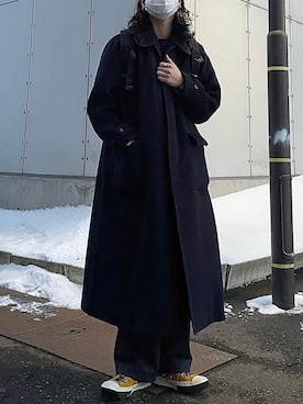 「差し色(黄色)」｜「アイテム（ステンカラーコート）」を使った、服男さん（メンズ・175cm）の冬コーディネート