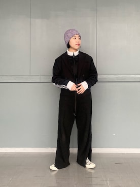 「アイテム（ニットキャップ/ビーニー、パープル系）」を使った、おおもとさん（レディース・150cm）の冬コーディネート