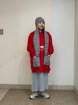「アイテム（ニットキャップ/ビーニー、レッド系）」を使った、おおもとさん（レディース・152cm）の秋コーディネート