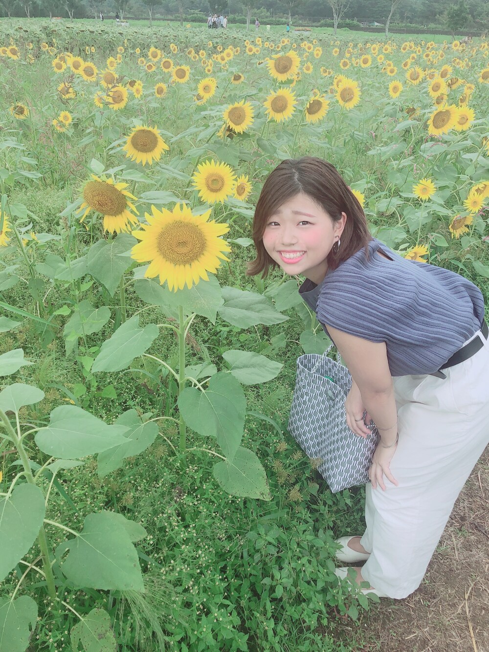 「夏コーデ、パンツスタイル」｜「SENSE OF PLACE by URBAN RESEARCHのアイテム（ニット/セーター、ブルー系）」を使った、ぼーさん（レディース・150cm）の春コーディネートの1枚目の写真