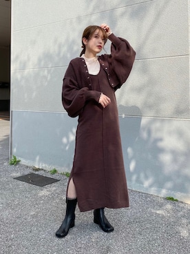 「Kastane（カスタネ）の【SETアイテム】クロップドカーディガン×ワンピースSET（ワンピース）」を使った、f.harukaさん（レディース・155cm）の冬コーディネート