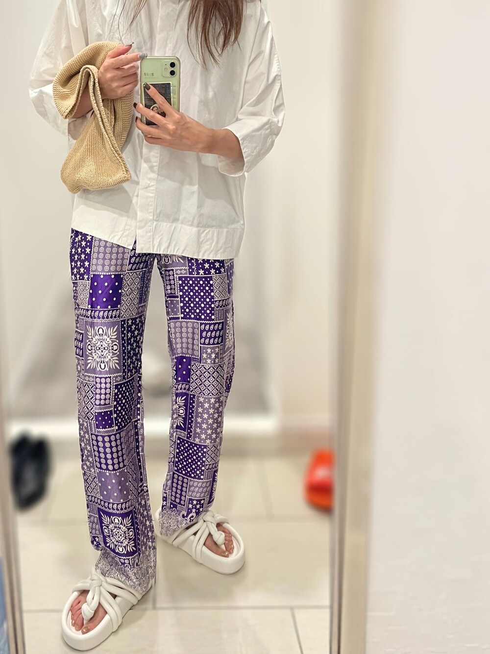 「低身長女子、厚底サンダル、柄パンツ」｜「yuumi ARIAのアイテム（パンツ、パープル系）」を使った、🐇226285🐈さん（レディース・154cm）の夏コーディネートの1枚目の写真