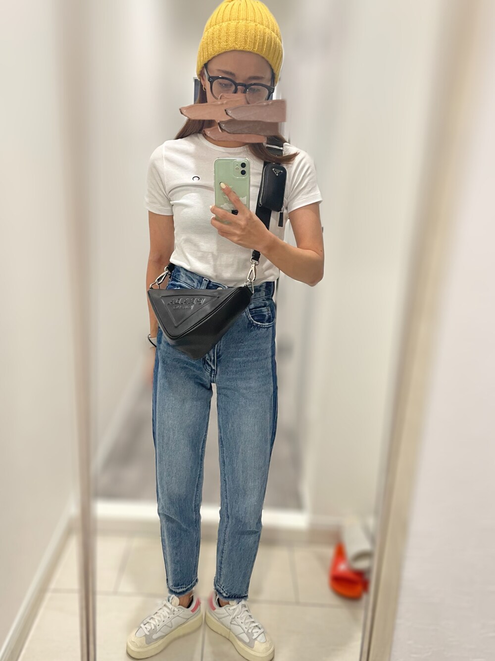 「休日コーデ、ビーニー、PRADA、New Balance、marine serre」｜「URBAN OUTFITTERSのUrban Outfitters Fisherman Beanie（帽子、イエロー系）」を使った、🐇226285🐈さん（レディース・154cm）の秋コーディネートの1枚目の写真