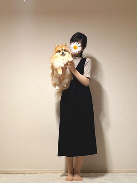 「UNIQLO（ユニクロ）のリブハイネックT（5分袖）（Tシャツ/カットソー）」を使った、服の記録とそれに付き合わされる犬さん（レディース・158cm）の春コーディネート