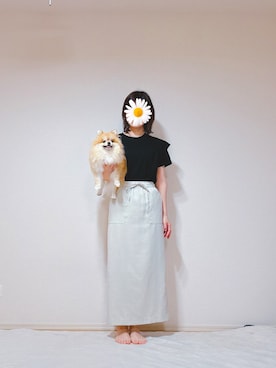「ISOOK（アイスー）のアイテム（Tシャツ/カットソー）」を使った、服の記録とそれに付き合わされる犬さん（レディース・158cm）の秋コーディネート