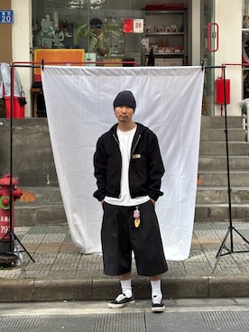 「アイテム（モッズコート、ブラック系）」を使った、老花さん（メンズ・178cm）の夏コーディネート