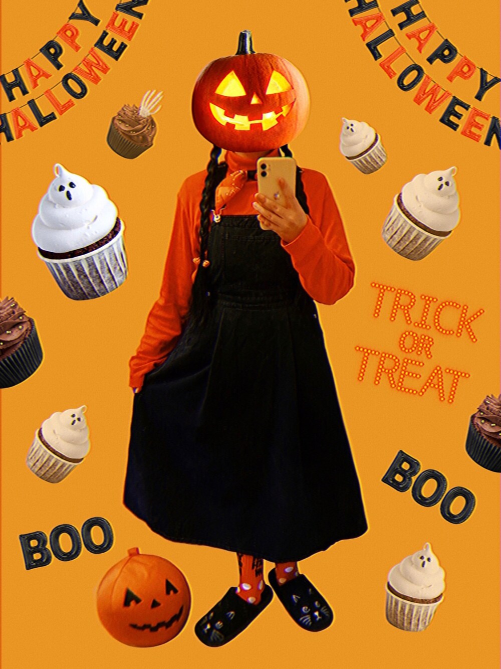 「halloween、ハロウィン、ジャンスカ、スカーフ、ジャンパースカート、原宿系、青文字系、wearhalloween2021」｜「GUのアイテム（トップス、オレンジ系）」を使った、DOSOさん（レディース・151cm）の秋コーディネートの1枚目の写真