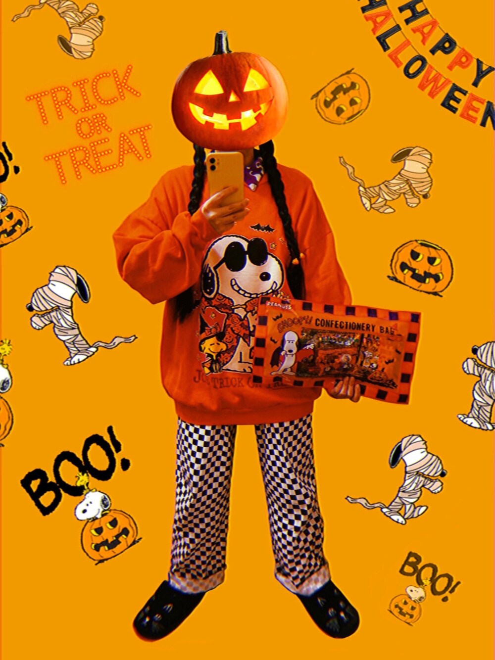 「Halloween、ハロウィン、ＳＮＯＯＰＹ、スヌーピー、古着、古着MIX、used」｜「WEGOのアイテム（トップス、オレンジ系）」を使った、DOSOさん（レディース・151cm）の秋コーディネートの1枚目の写真