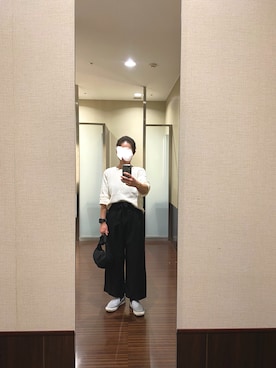 「ワッフルクルーネックＴ」｜「アイテム（スリッポン）」を使った、はむさん（レディース・158cm）の秋コーディネート