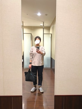 「ワッフルクルーネックＴ」｜「アイテム（スリッポン）」を使った、はむさん（レディース・158cm）の春コーディネート