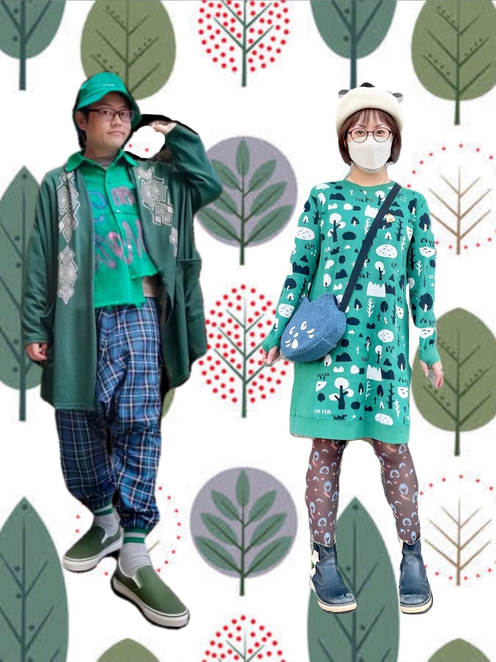 グリーン系のワンピース、ブルー系のショルダーバッグ、ブラック系のブーツを着用したレディースの秋コーディネートの1枚目の写真