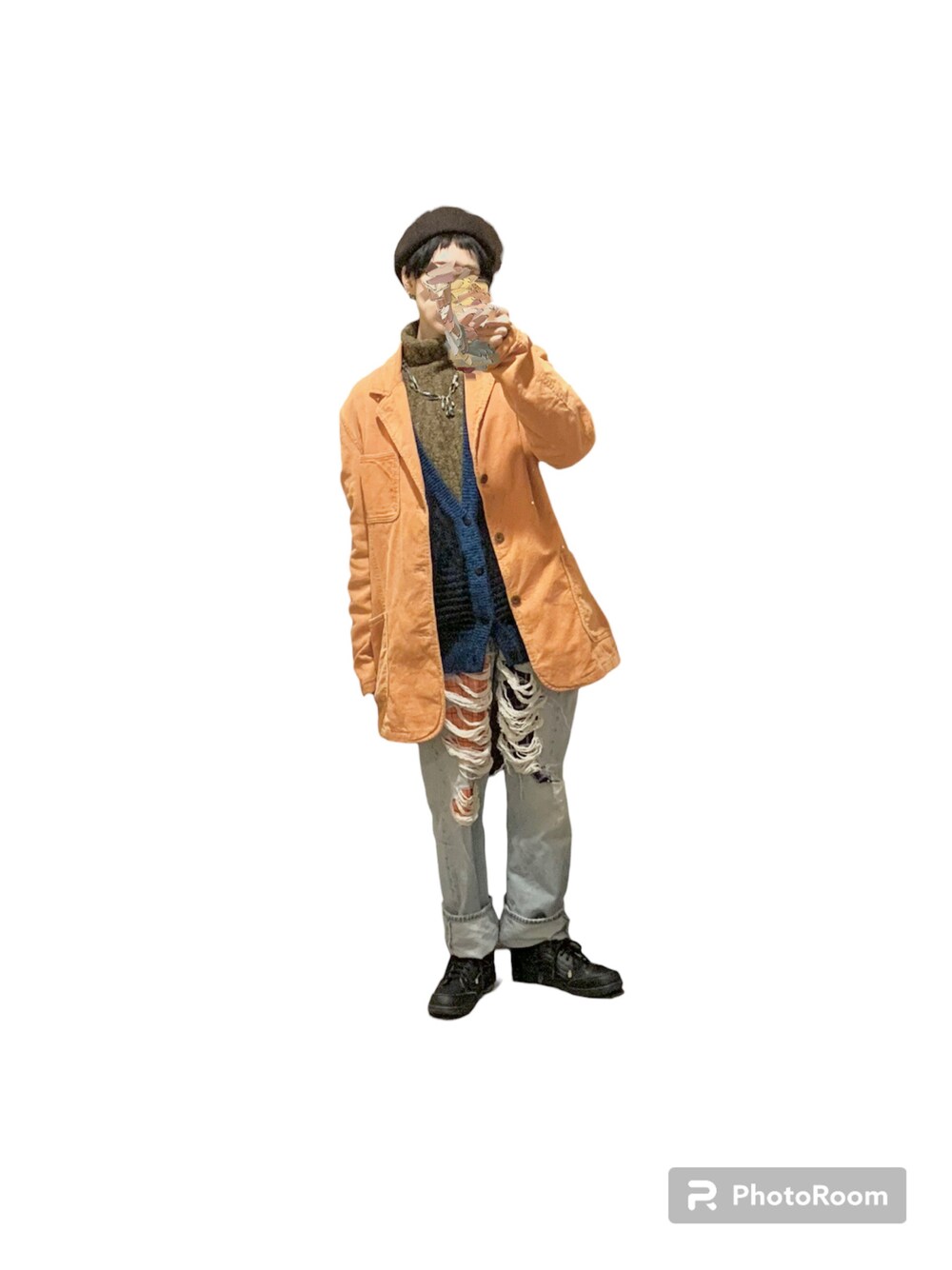 「古着MIX、古着コーデ、着回しコーデ、メンズライク、カバーオールジャケット、ミリタリーコート、カーディガン×ニット」｜「VINTAGEのアイテム（カーディガン/ボレロ、ブルー系）」を使った、てれれさん（レディース・162cm）の冬コーディネートの1枚目の写真