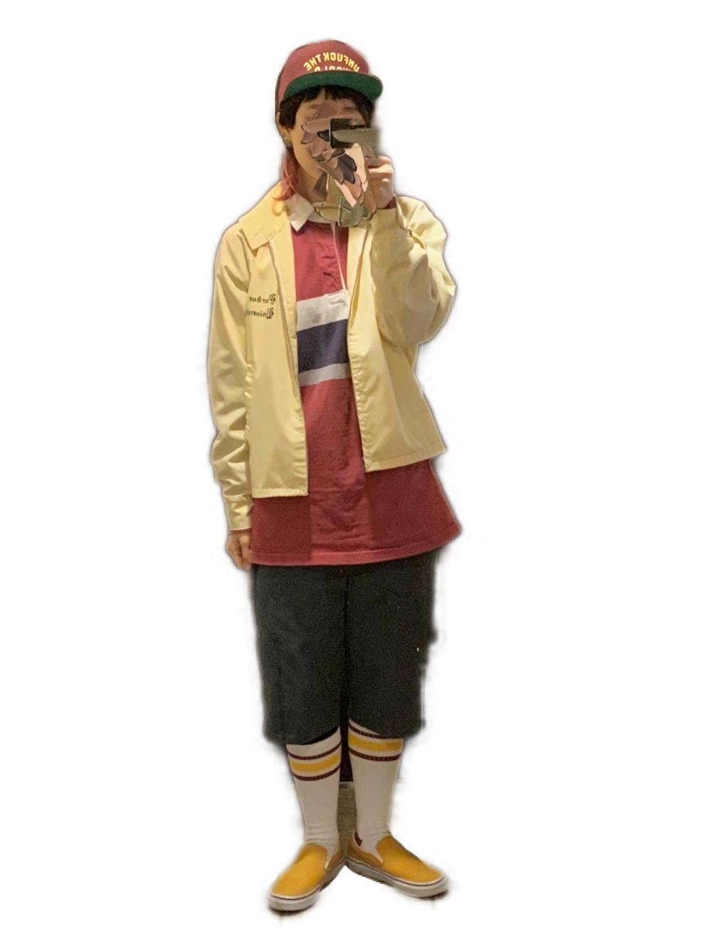 「古着MIX、ラガーシャツ、ドリズラージャケット、アメカジ風コーデ、メンズライク、チューブソックス、80s」｜「VANSの［ANAHEIM FACTORY PACK］CLASSIC SLIP-ON 98 DX　VN0A3JEX1KG（スニーカー、イエロー系）」を使った、てれれさん（レディース・162cm）の秋コーディネートの1枚目の写真