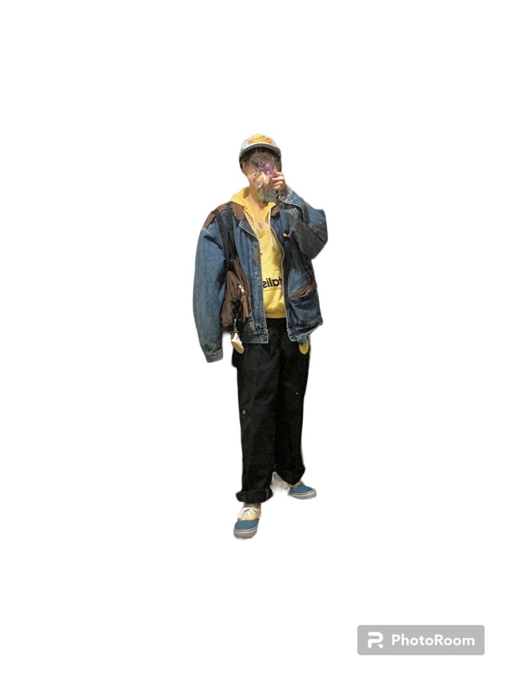 「古着MIX、古着コーデ、古着女子、メンズライク、キャップ女子、デニムジャケット×パーカー」｜「DickiesのDickies/ディッキーズ LOOSE FIT ダブルニー センタープレス ワークパンツ（チノパンツ、ブラック系）」を使った、てれれさん（レディース・162cm）の秋コーディネートの1枚目の写真