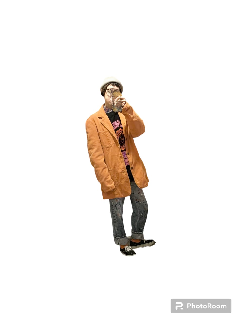 「古着MIX、カバーオールジャケット、コーデュロイジャケット、メンズライク、ジャケット×デニム」｜「Timberlandのアイテム（カバーオール、オレンジ系）」を使った、てれれさん（レディース・162cm）の冬コーディネートの1枚目の写真