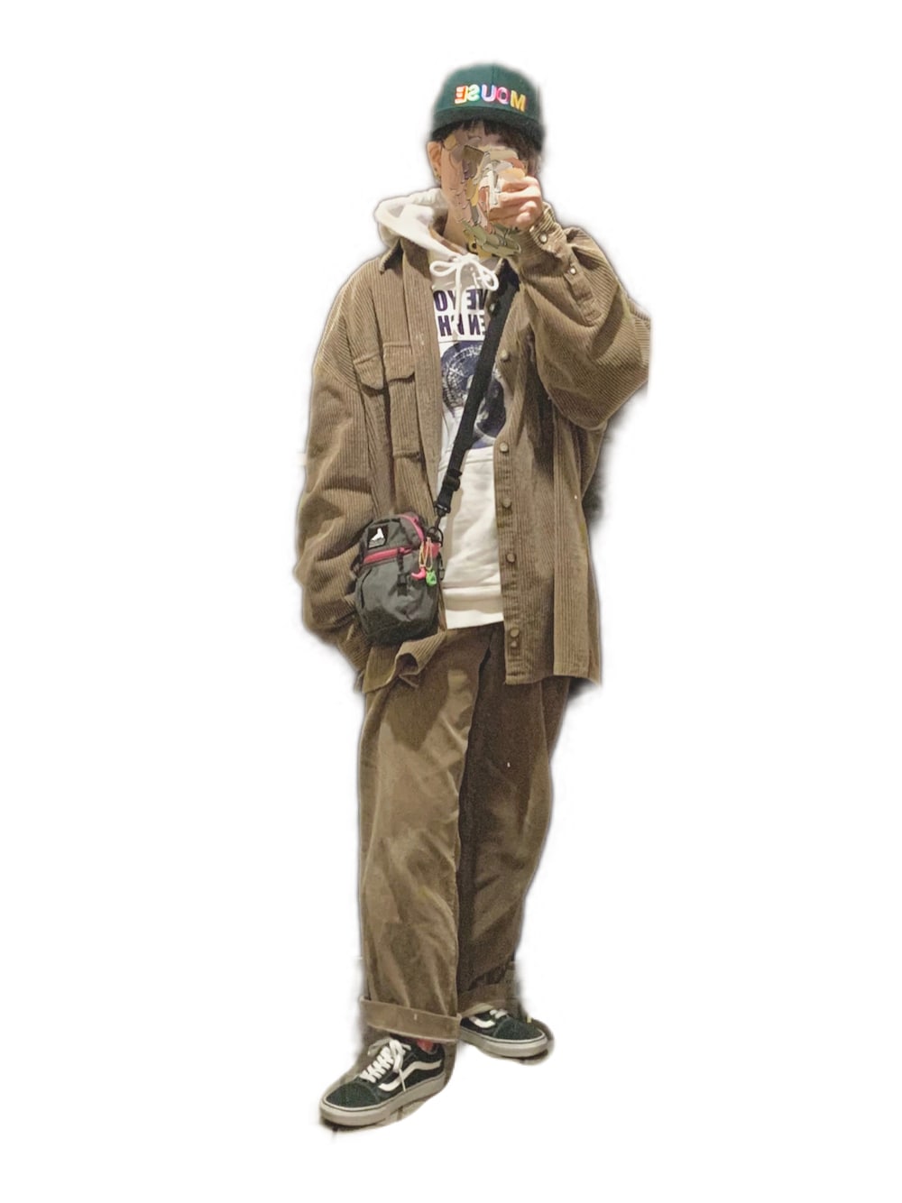 「古着MIX、古着コーデ、セットアップスタイル、コーデュロイ、メンズライク、パーカー×シャツ、ビックシルエット、キャップ女子」｜「VINTAGEのアイテム（パンツ、ブラウン系）」を使った、てれれさん（レディース・162cm）の冬コーディネートの1枚目の写真
