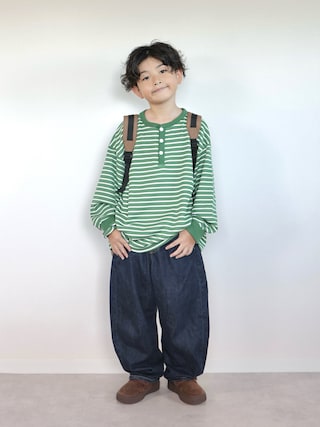 「pairmanon(ペアマノン)の【90-150cm】 ワッフル ボーダーヘンリーネックロンT(Tシャツ/カットソー)」を使った、ORITSUさん(キッズ・125cm)の秋コーディネート