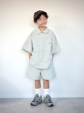 「PAIRMANON STREET（ペアマノンストリート）の【PAIRMANON STREET】ストライプ柄 サッカー セットアップ（セットアップ）」を使った、ORITSUさん（キッズ・120cm）の夏コーディネート