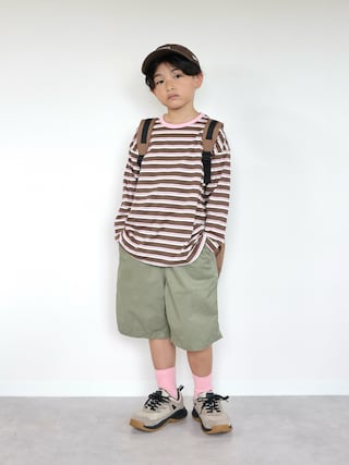 「pairmanon(ペアマノン)の【綿100%】ユニセックス タグ付き ボーダーアソートロンT(Tシャツ/カットソー)」を使った、ORITSUさん(キッズ・124cm)の秋コーディネート