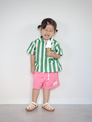 「p.premier（ピードットプルミエ）のイロチ買いしたい夏すぎる総柄半袖シャツ（シャツ/ブラウス）」を使った、ORITSUさん（キッズ・110cm）の夏コーディネート