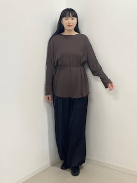 「A part by（アパートバイ）のウエストロープコットンT_長袖（Tシャツ/カットソー、ブラウン系）」を使った、まゆてぃんさん（レディース・164cm）の秋コーディネート