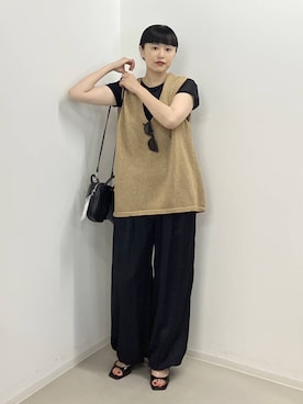 「A part by（アパートバイ）の≪追加2≫ペーパーユルニットノースリーブ（ニット/セーター、イエロー系）」を使った、まゆてぃんさん（レディース・164cm）の夏コーディネート