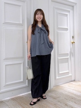 「A part by（アパートバイ）のダブルストラップミュール（パンプス、ブラック系）」を使った、yumaさん（レディース・164cm）の夏コーディネート