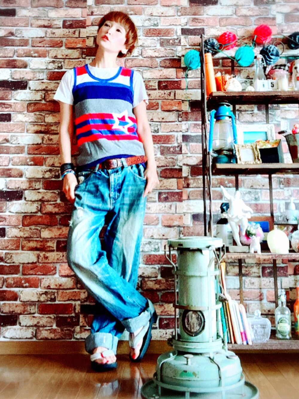 「ロデオクラウンズ、ベスト、豊天商店、下駄、好きな服を着隊、我が道をゆく隊、ジェンダーレス部、WEAR昭和部」｜「Rodeo Crownsのアイテム（ベスト、その他）」を使った、ずんちゃ🌞さん（レディース・163cm）の夏コーディネートの1枚目の写真