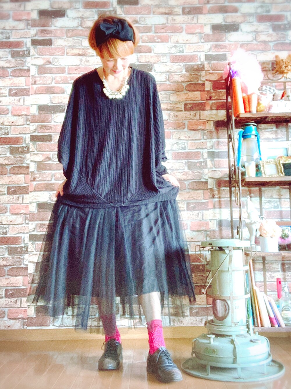 「ブラックコーデ、coca、アンティカ、パールネックレス、リボンターバン、好きな服を着隊、我が道をゆく隊、ジェンダーレス部、WEAR昭和部、デニムフェス」｜「coca（coca）の長さ選べる上品カラーチュールスカート(LONG)（スカート、ブラック系）」を使った、ずんちゃ🌞さん（レディース・163cm）の夏コーディネートの1枚目の写真