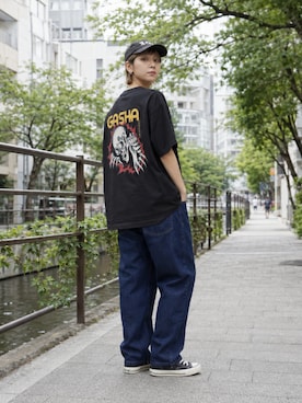 「rehacer（レアセル）のrehacer : Calm Barrel Denim / カルム バレル デニム（デニムパンツ、ブルー系）」を使った、rehacer STAFFさん（レディース・162cm）の夏コーディネート