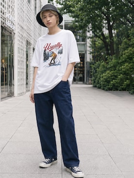 「rehacer（レアセル）のrehacer : Calm Barrel Denim / カルム バレル デニム（デニムパンツ、ブルー系）」を使った、rehacer STAFFさん（レディース・162cm）の夏コーディネート