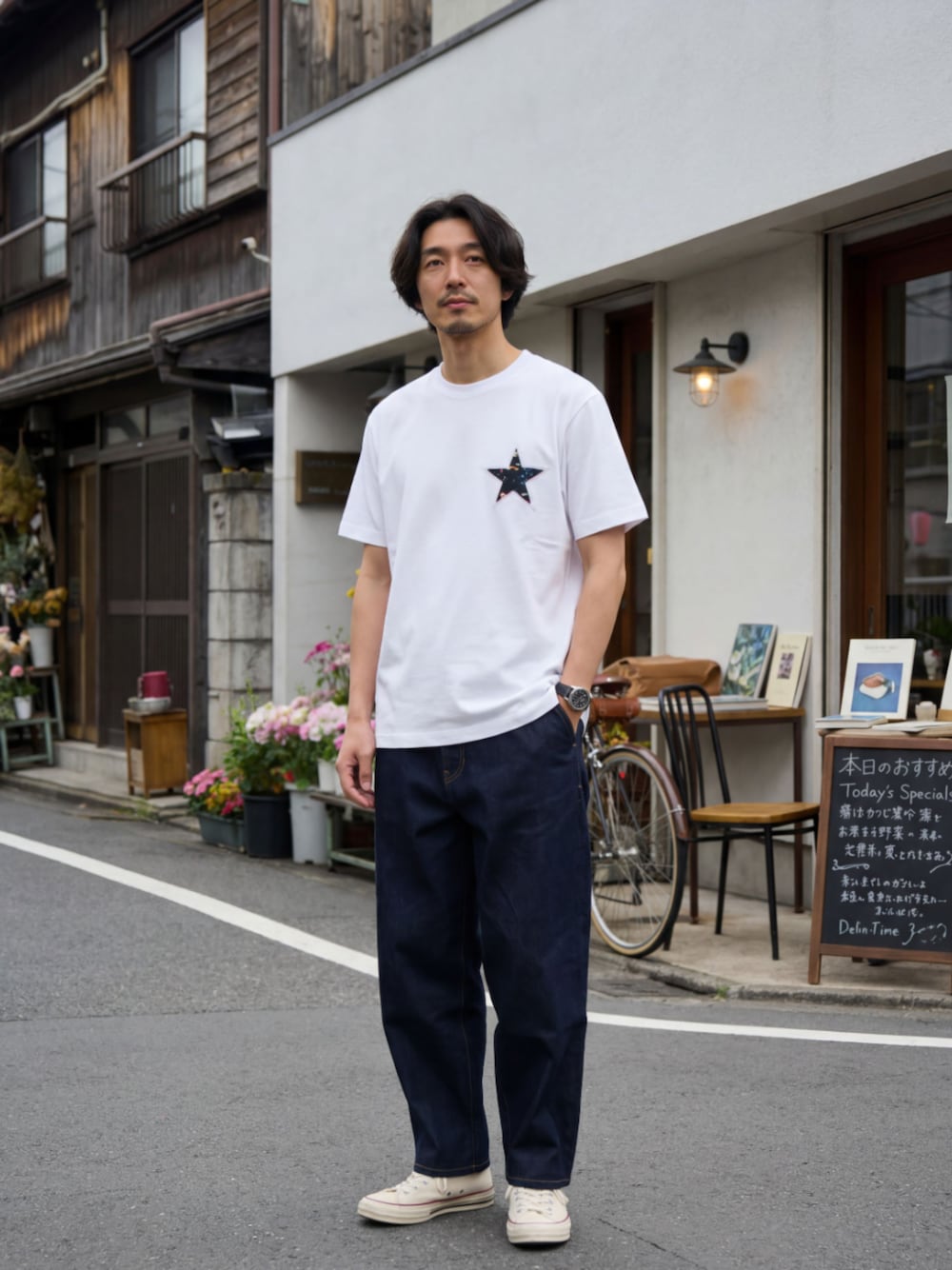 ブルー系のデニムパンツ、ホワイト系のTシャツ/カットソーを着用したメンズの春コーディネートの1枚目の写真