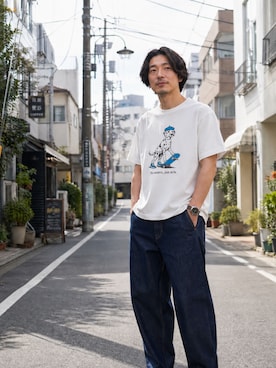 「rehacer（レアセル）のrehacer : Calm Barrel Denim / カルム バレル デニム（デニムパンツ、ブルー系）」を使った、rehacer STAFFさん（レディース・162cm）の夏コーディネート